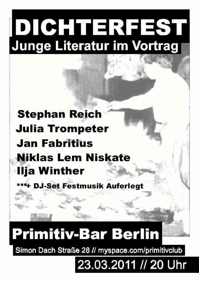 G13 mischt auch beim Dichterfest in der Primitivbar mit: Ilja Winther liest zusammen mit Stephan Reich, Julia Trompeter, Jan Fabritius und Niklas Niskate ab 20:00 Uhr in der Simon-Dach-Straße 28. Kommt.